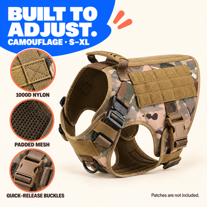 Camouflage tactical dog harness with close views of 1000D nylon, padded mesh, and quick-release buckles.