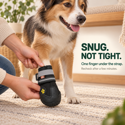 Caregiver checks one-finger room beneath the strap of a Black winter dog boot.