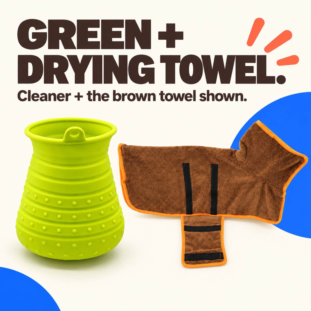Green silicone paw cleaner shown with the brown drying towel included in the selected set.