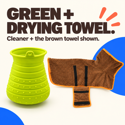 Green silicone paw cleaner shown with the brown drying towel included in the selected set.