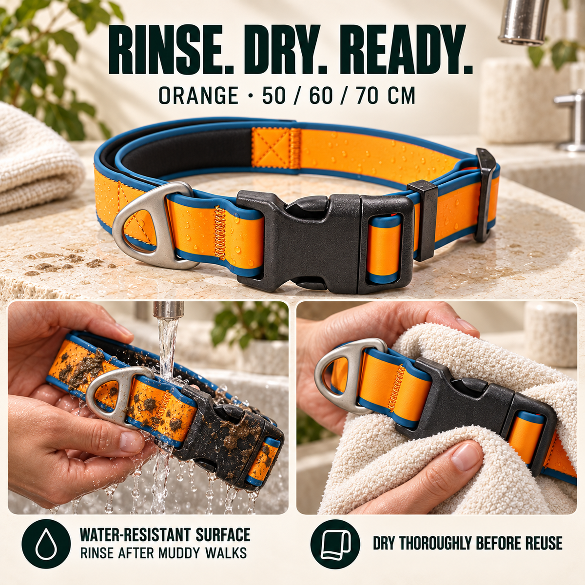 Orange tactical-style dog collar shown through rinsing and towel-drying care steps.