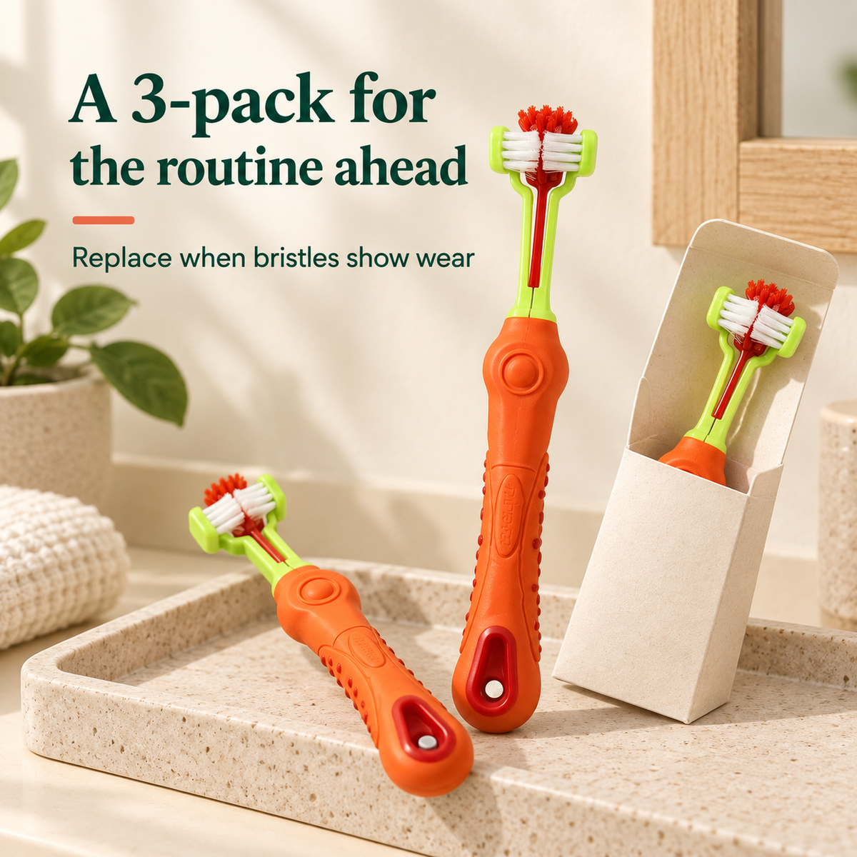 Three Orange three-sided pet toothbrushes shown together as the selected 3-pack.