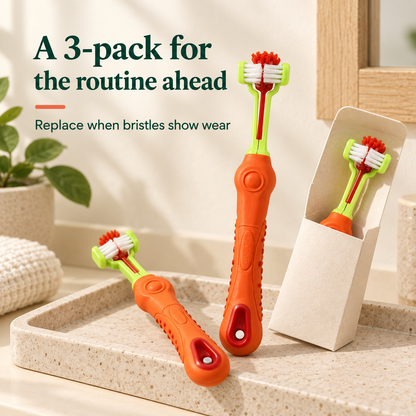 Three Orange three-sided pet toothbrushes shown together as the selected 3-pack.