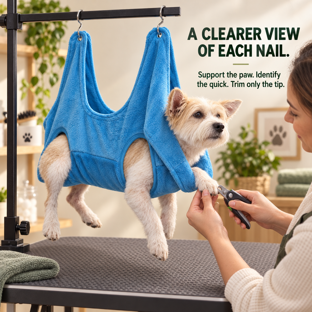 Caregiver supports a dog's paw and positions a pet nail clipper at the nail tip while the dog rests in a Blue grooming hammock.