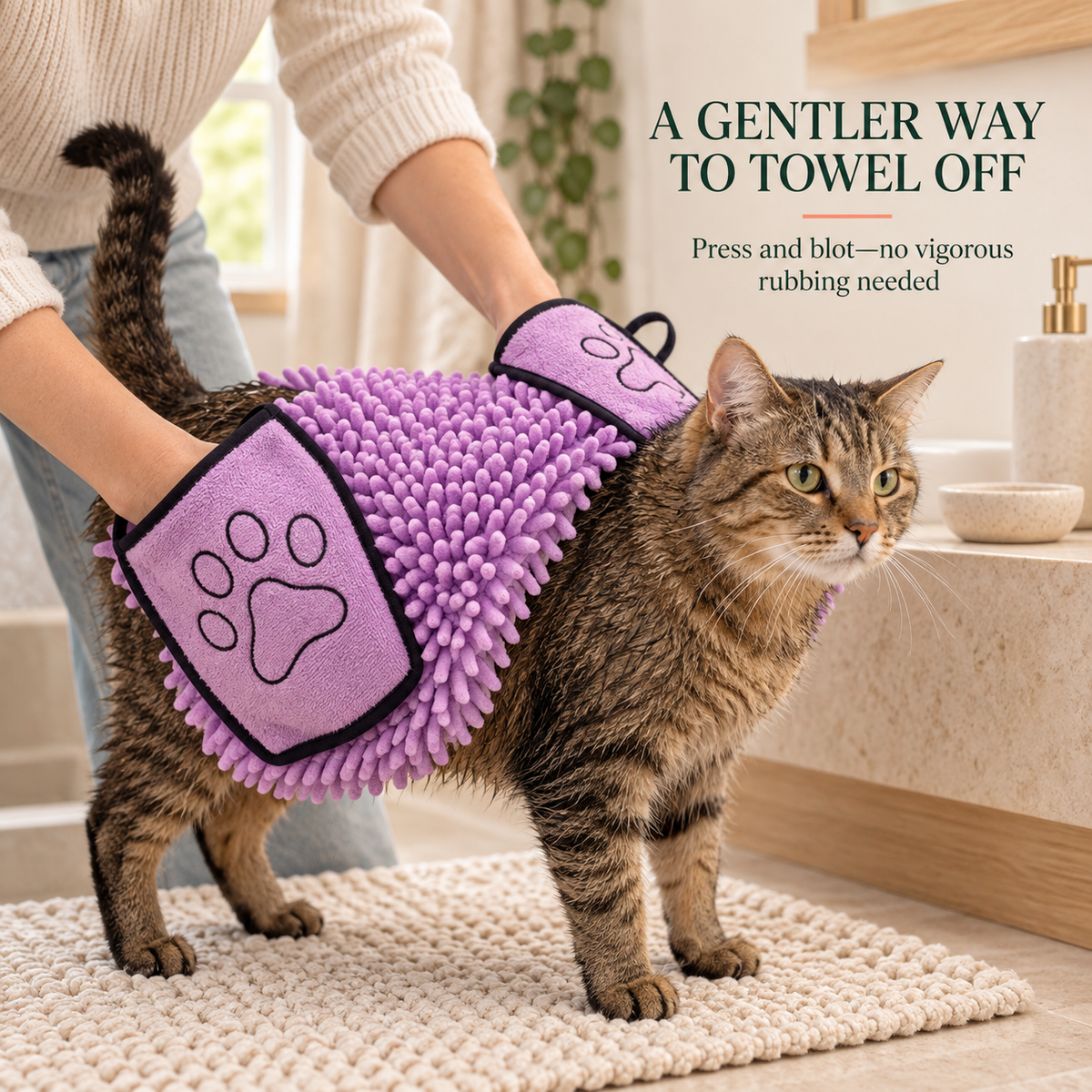 Caregiver gently presses the Purple chenille drying towel against a calm tabby cat's damp coat.