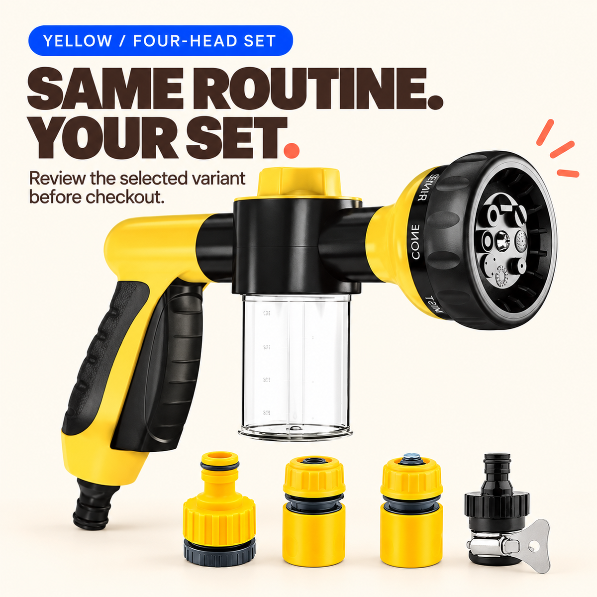 Yellow outdoor dog wash sprayer with the four connector accessories included in the selected four-head set.