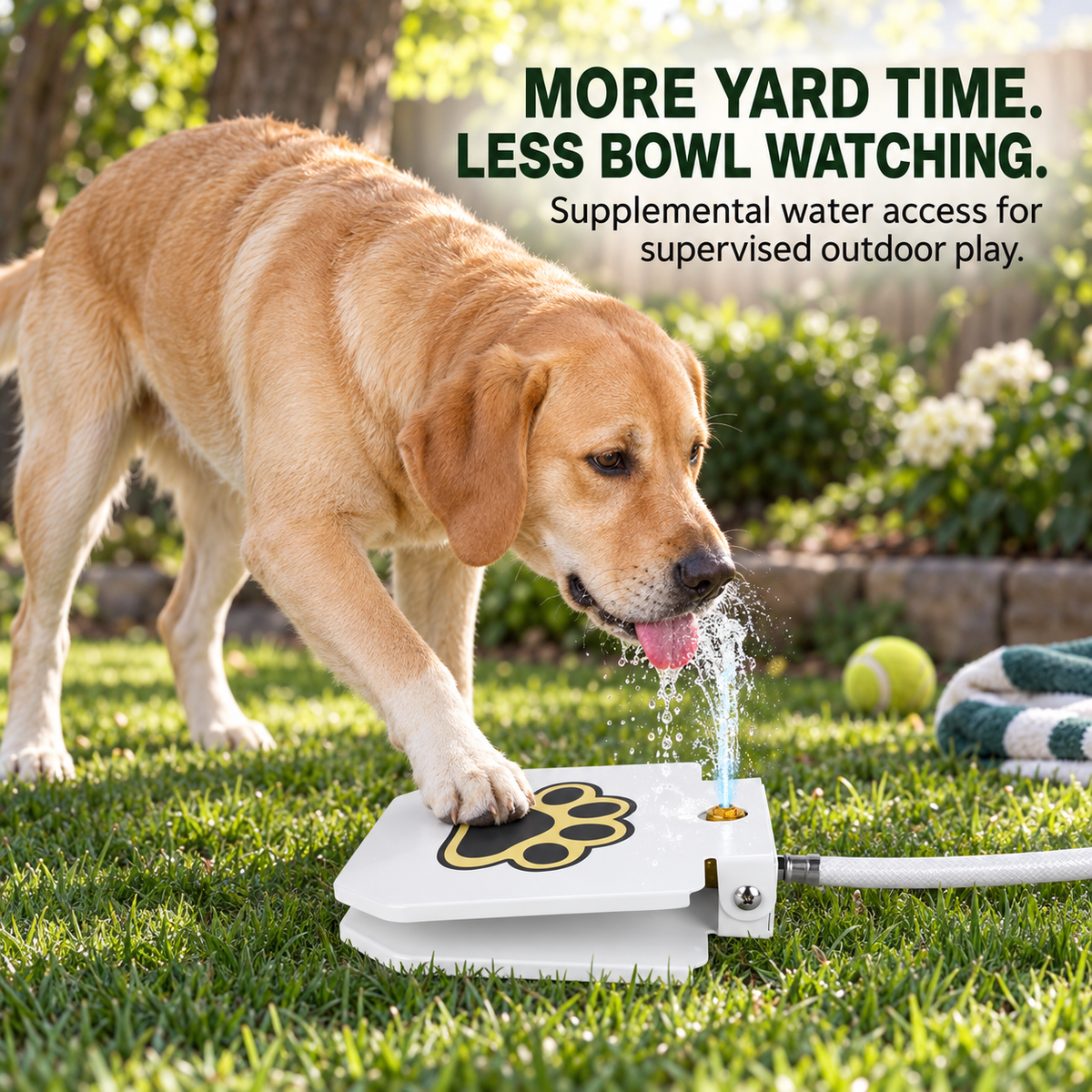 Labrador Retriever drinks from a White outdoor step-on dog water fountain during supervised backyard play.