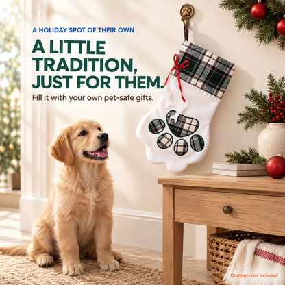 Dark green Paw Print Christmas Stocking hangs above a pale oak console while a Golden Retriever puppy sits nearby.