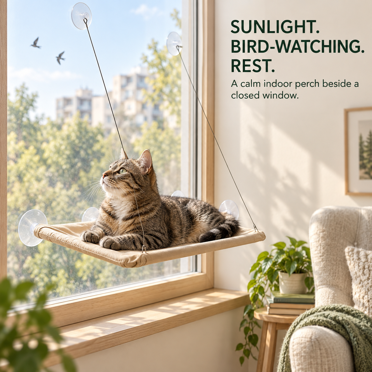 Tabby cat rests on a Khaki suction cup window hammock beside a closed sunny window.