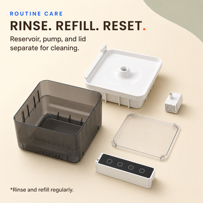 Separated reservoir, pump, lid, tray, and control housing for routine cleaning