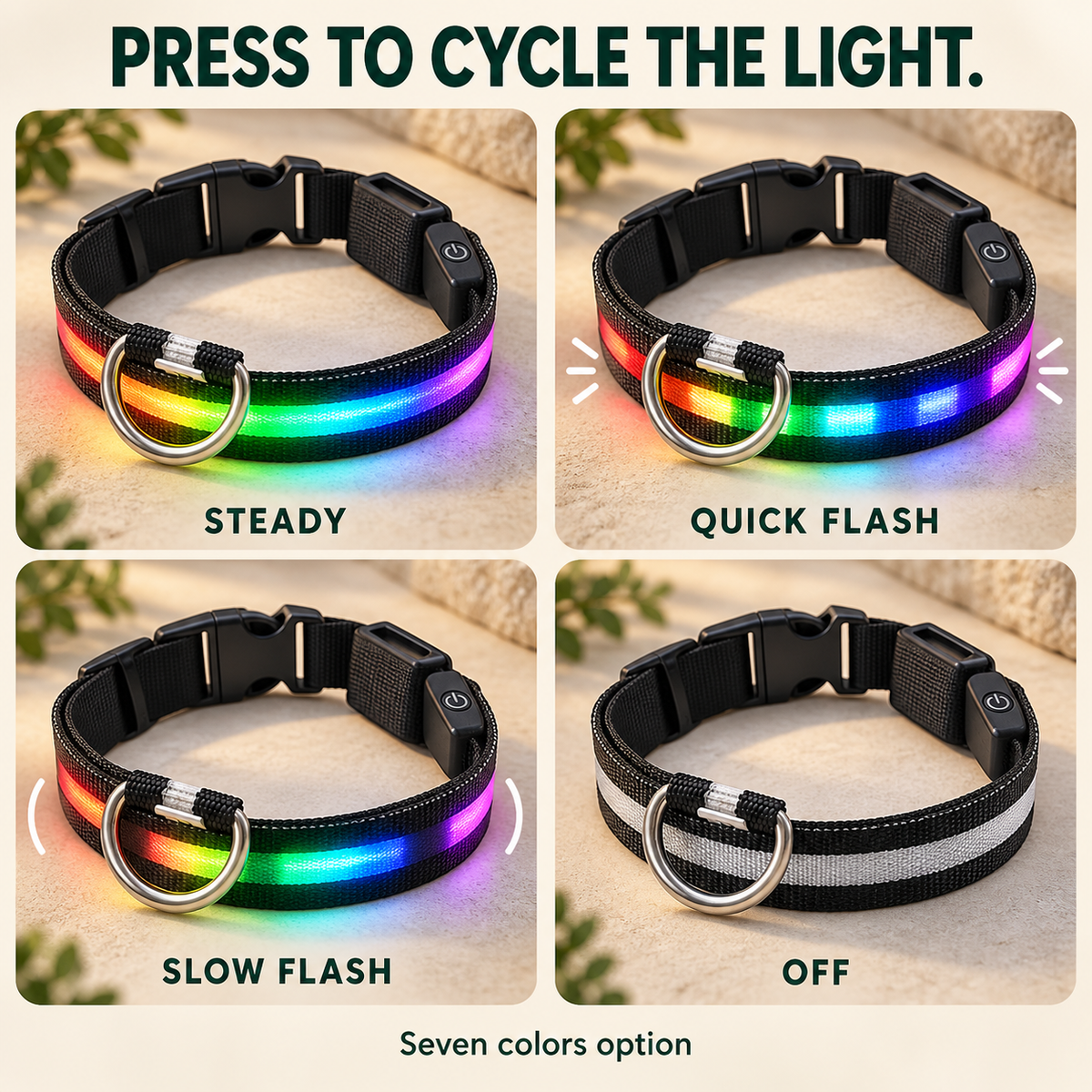 Seven colors rechargeable LED dog collar guide showing steady, quick flash, slow flash, and off modes.