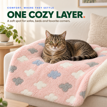 Tabby cat rests on the Pink clouds thick flannel pet blanket layered over a cream sofa.