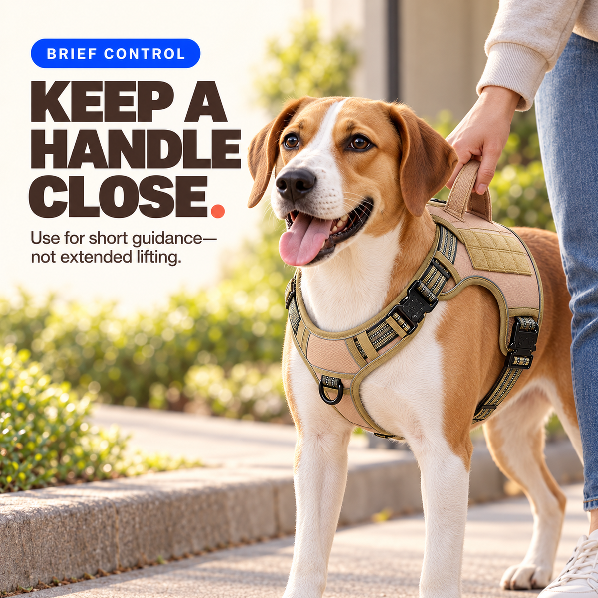 Caregiver holds the top handle of a Khaki dog harness for brief guidance while the dog stands on the ground.