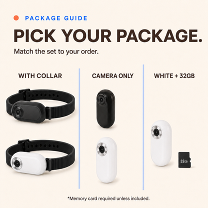 Package guide for black and white pet collar camera options with collar, camera only, or 32GB card