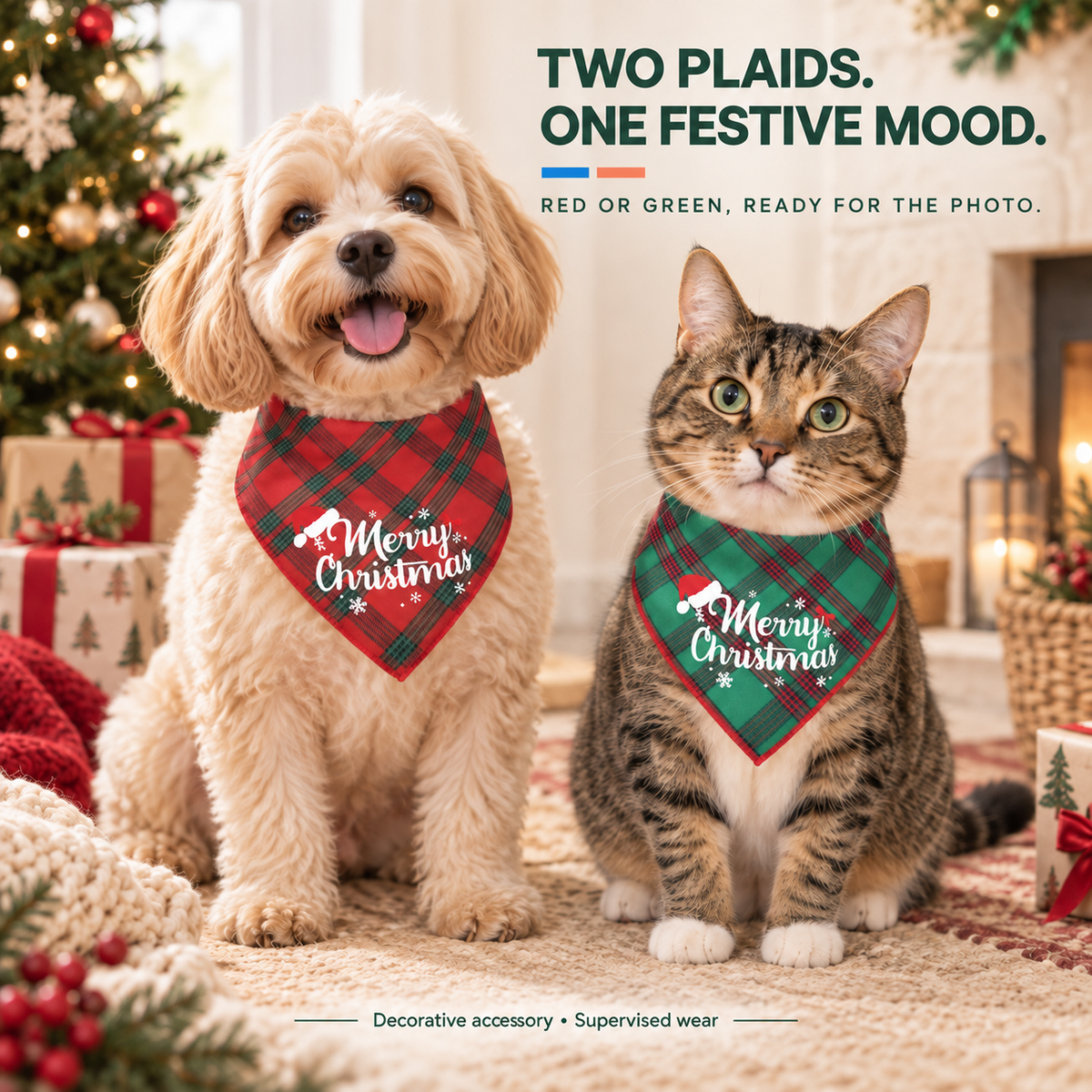Small dog and tabby cat wear the red and green Merry Christmas plaid bandanas with comfortable neck room.