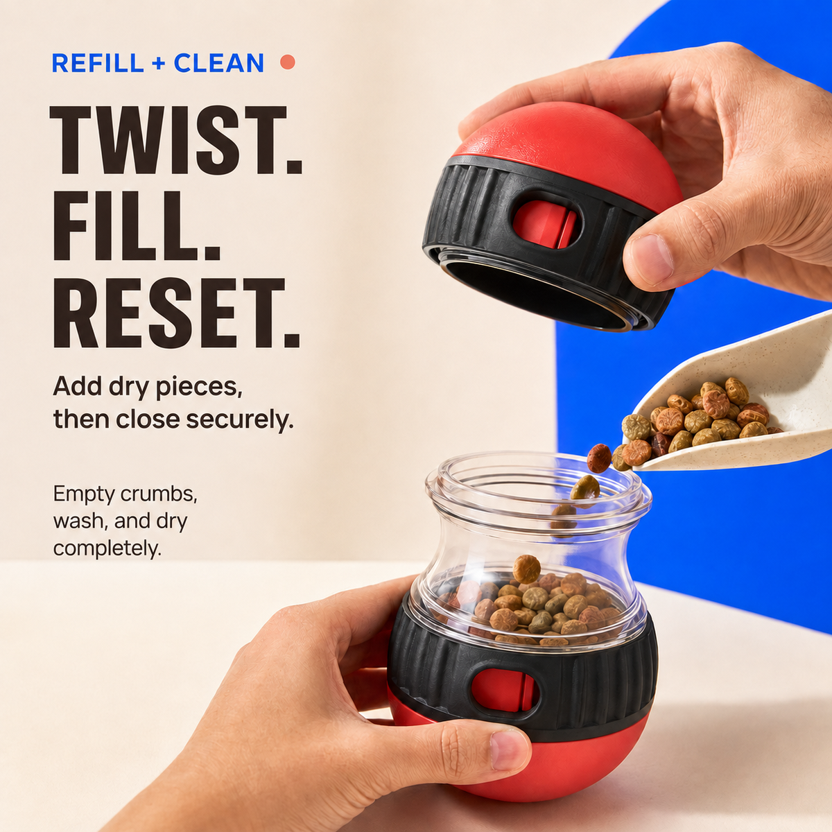 Red treat-dispensing dog puzzle toy opened for filling with small dry kibble
