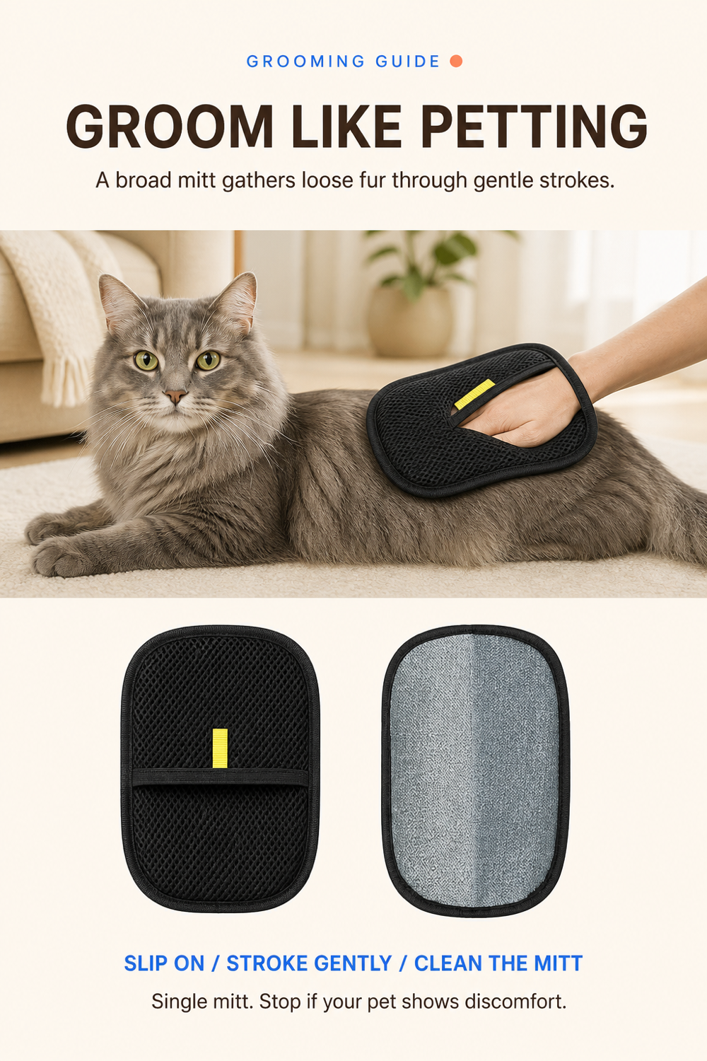 Pet grooming guide with a gray cat, mitt sides, and gentle-use steps