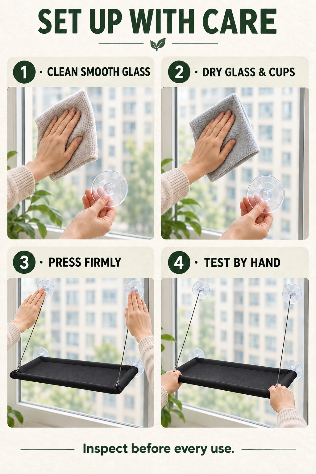 Four-step setup guide for cleaning glass, drying glass and suction cups, pressing cups firmly, and testing the Black window hammock by hand.