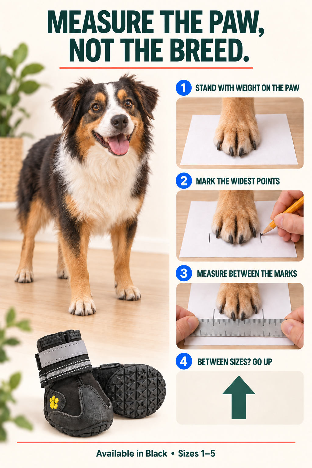 Four-step guide for measuring a weight-bearing dog paw by width without numeric dimensions.
