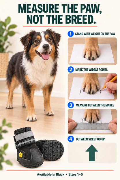 Four-step guide for measuring a weight-bearing dog paw by width without numeric dimensions.