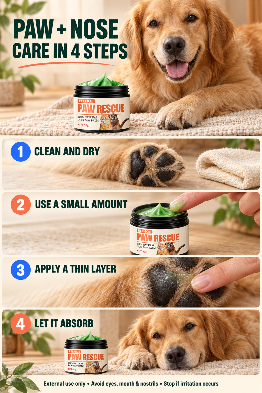 Four-step Paw and Nose Protection Balm guide covering cleaning, a small amount, a thin layer, and absorption.