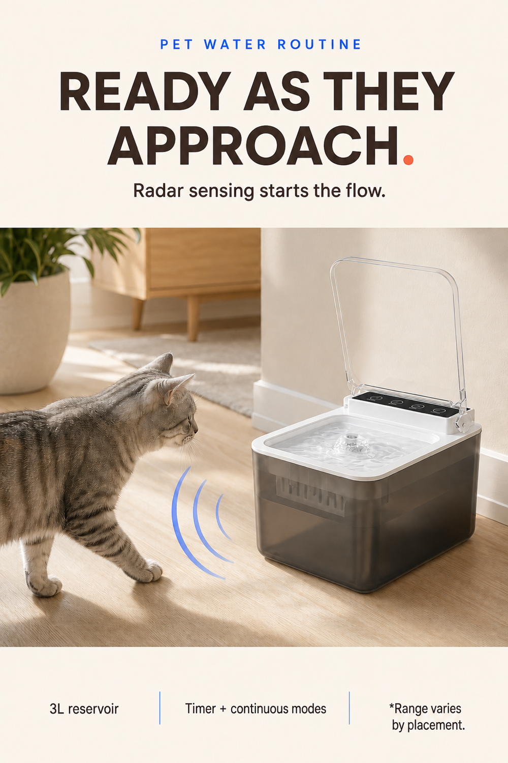 Pinterest guide showing a cat approaching a 3L radar-sensing water fountain