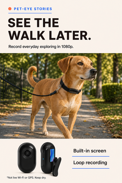 Pinterest guide showing a dog wearing the black 1080p pet collar camera