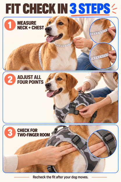 Gray adjustable dog harness fit guide covering neck and chest measurement, four-point adjustment, and two-finger room.