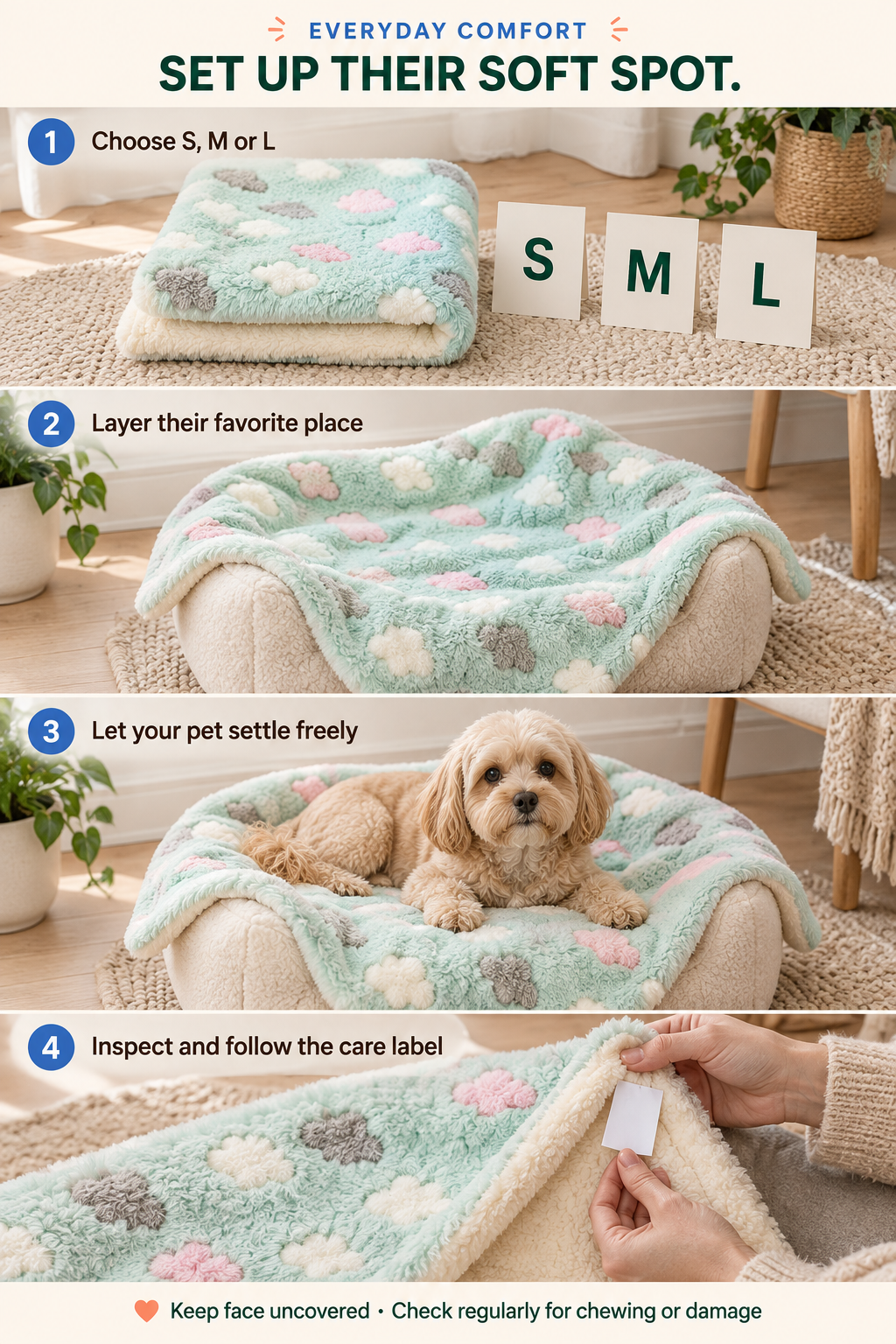 Four-step Green clouds pet blanket setup guide covering size choice, layering, free movement, and care-label inspection.