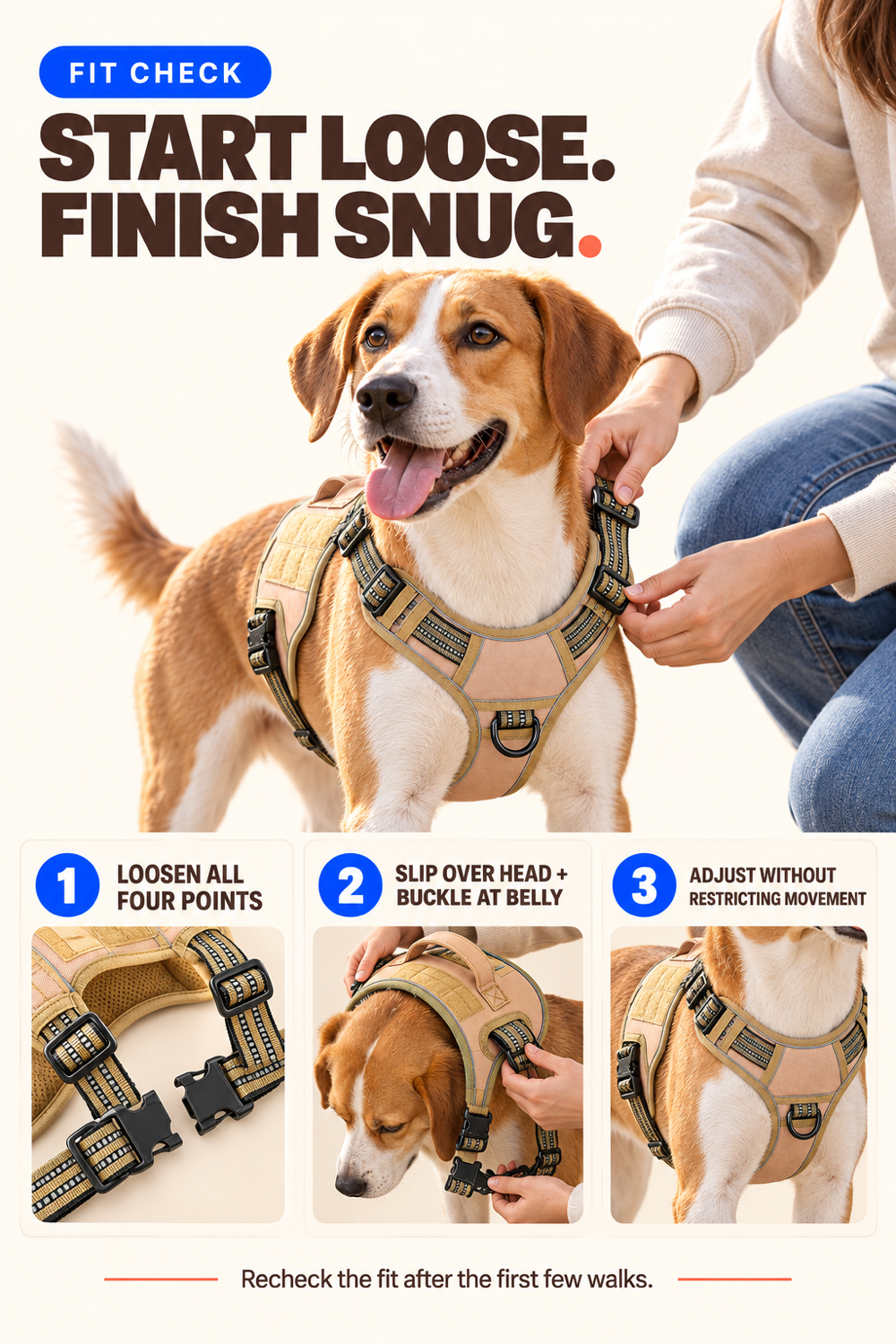 Three-step fit guide for loosening, buckling, and adjusting a Khaki heavy-duty tactical dog harness.