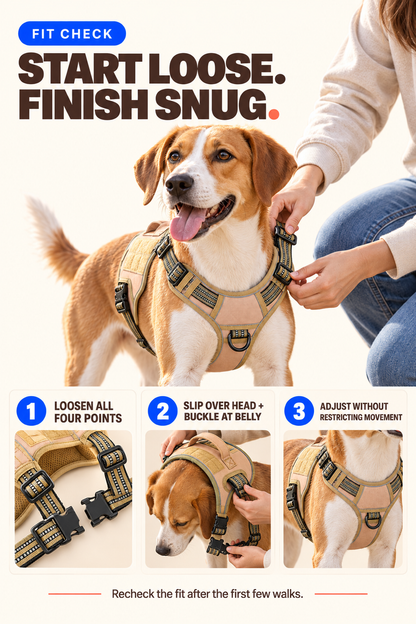 Three-step fit guide for loosening, buckling, and adjusting a Khaki heavy-duty tactical dog harness.
