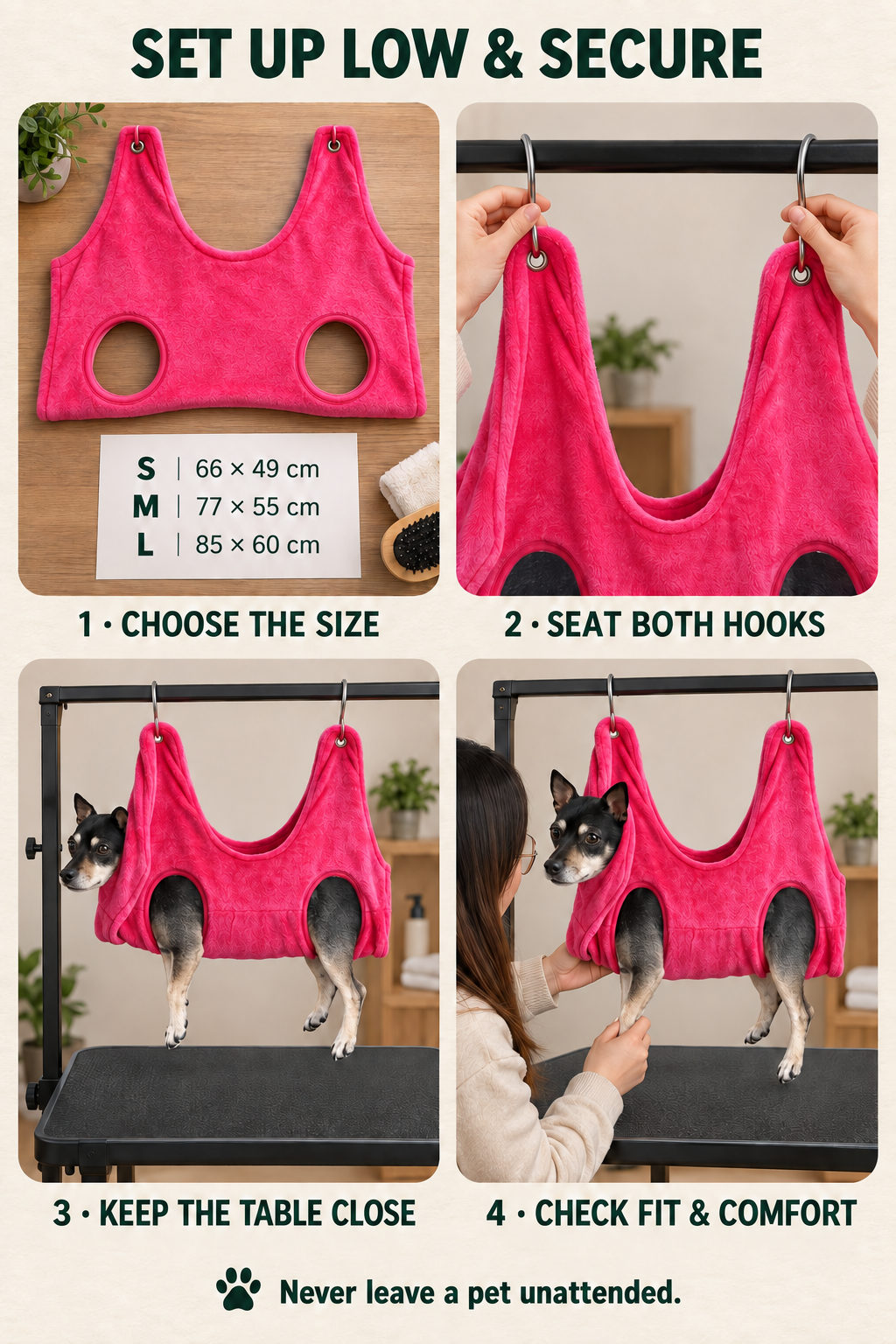Four-step Pink grooming hammock setup guide covering size, hooks, table clearance, and fit.