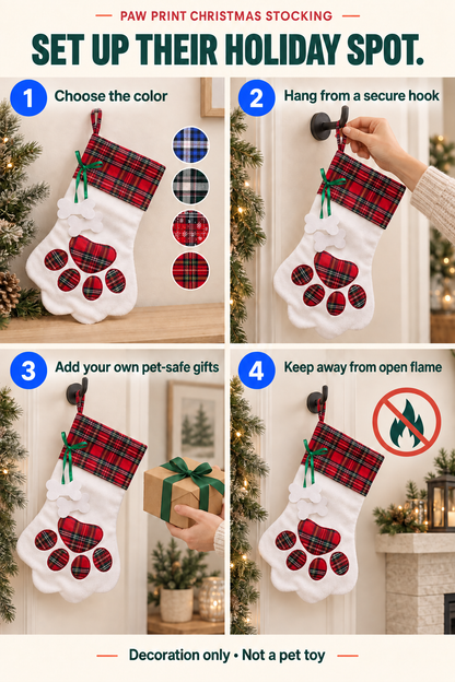 Four-step Red 2 Christmas stocking setup guide covering color choice, secure hanging, pet-safe gifts, and flame safety.
