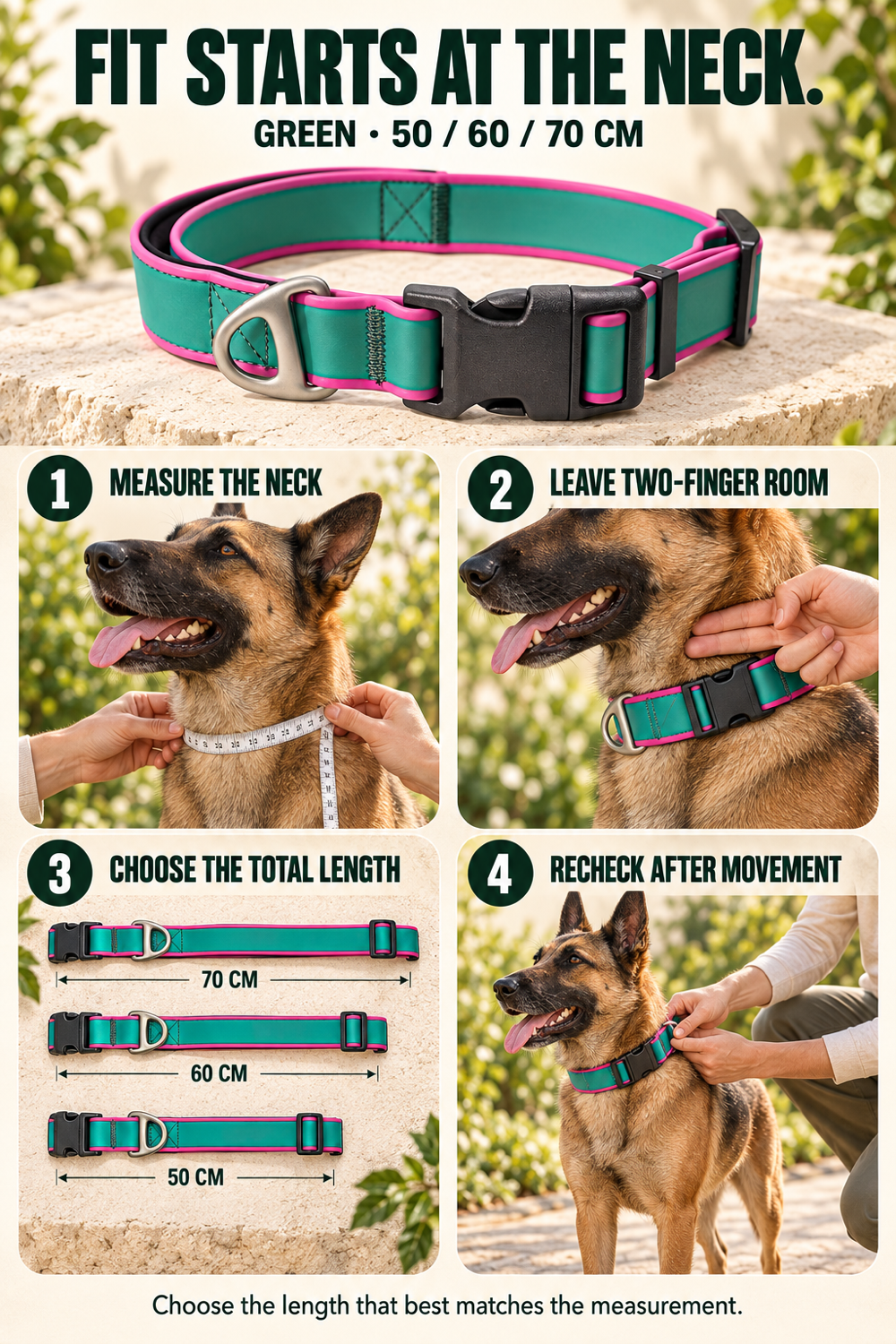 Four-step fit guide for measuring and choosing a Green tactical-style dog collar.