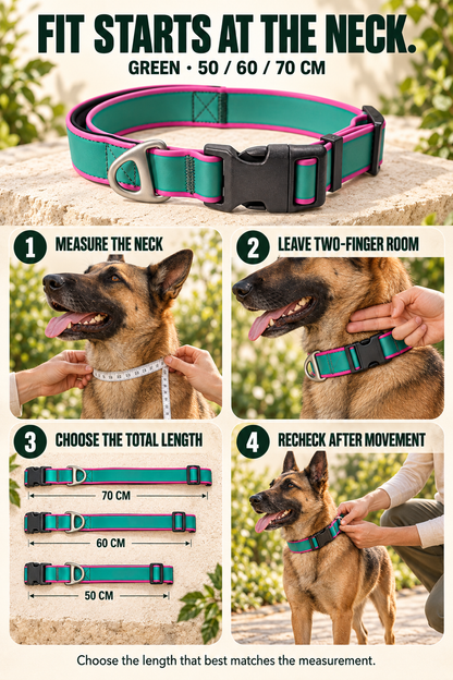Four-step fit guide for measuring and choosing a Green tactical-style dog collar.