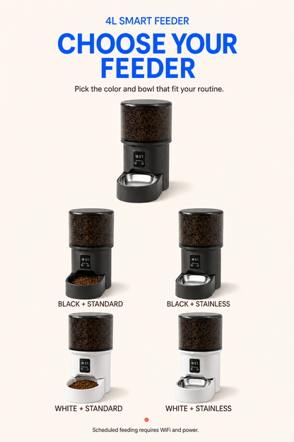 Pinterest guide to choosing a Black or White 4L smart feeder and bowl option