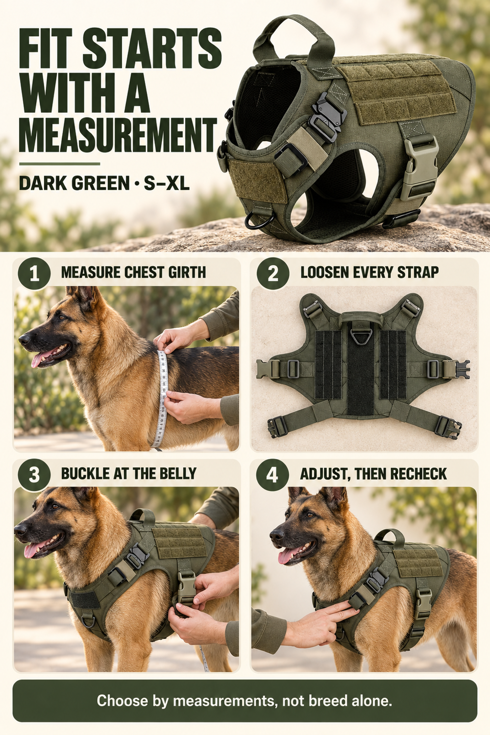 Four-step fit guide for measuring and adjusting a Dark Green tactical dog harness.