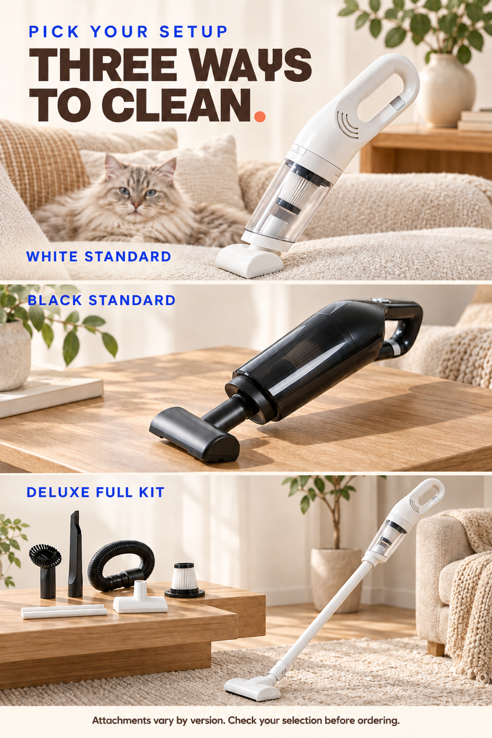 Guide comparing White Standard, Black Standard, and Deluxe Full Kit cordless pet hair vacuum versions.