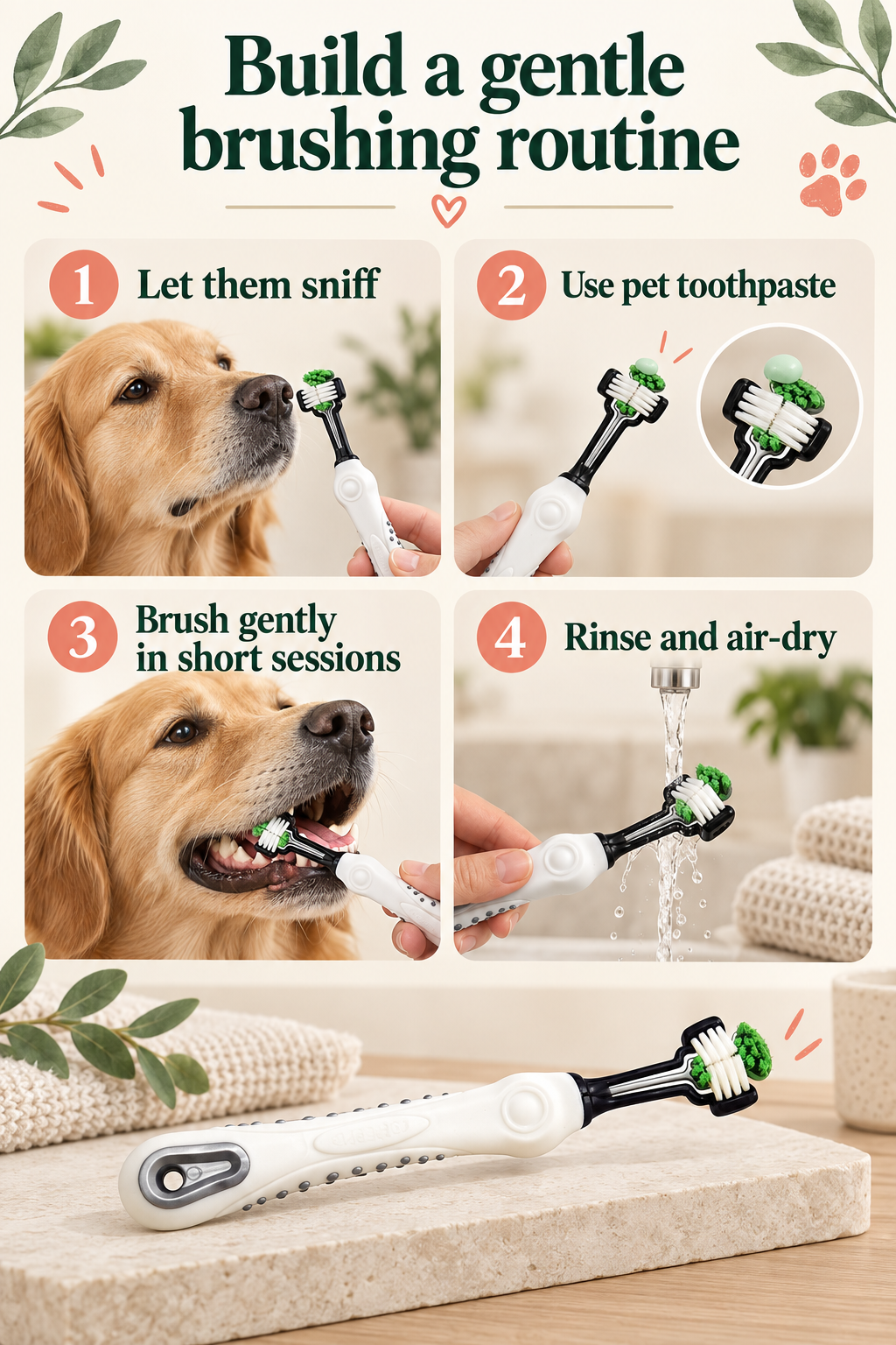 Four-step gentle brushing routine using the White three-sided pet toothbrush and pet toothpaste.