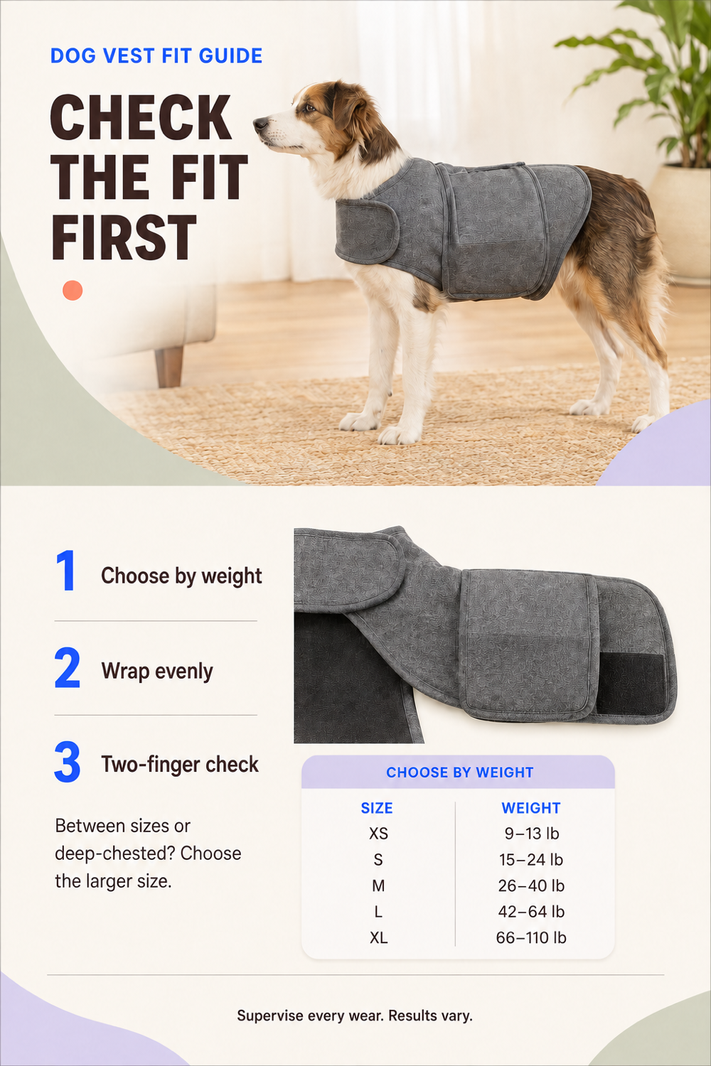 Dog vest fit guide with verified XS to XL weight ranges and a Heather Gray vest.