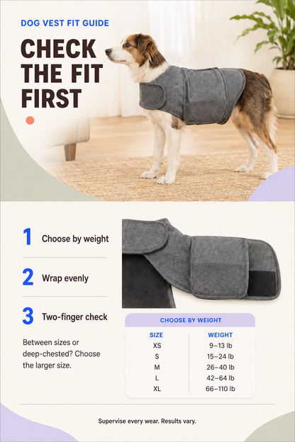 Dog vest fit guide with verified XS to XL weight ranges and a Heather Gray vest.
