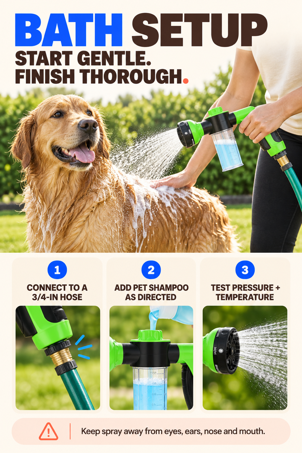Outdoor dog bath setup guide covering hose connection, pet shampoo, pressure, temperature, and face safety.