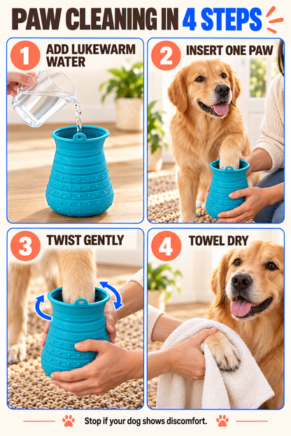 Four-step dog paw cleaning guide using the Blue silicone paw cleaner and a towel.