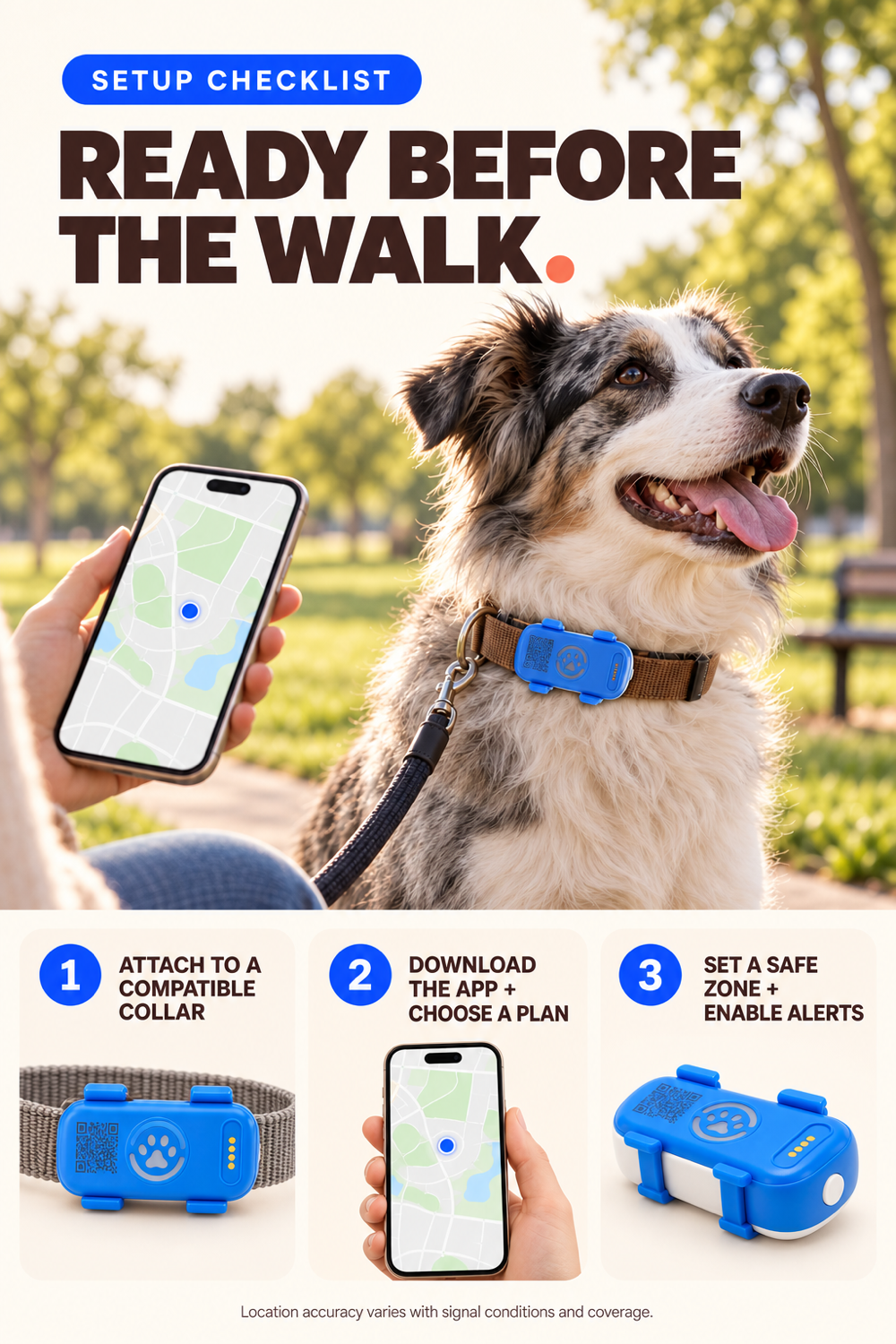 Dog GPS tracker setup guide covering collar compatibility, app subscription, safe zone, and alerts.