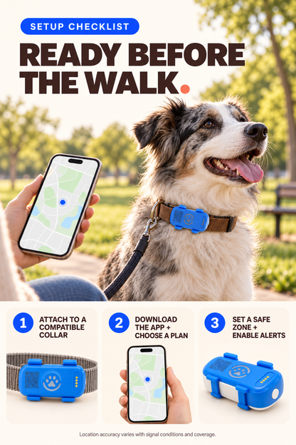 Dog GPS tracker setup guide covering collar compatibility, app subscription, safe zone, and alerts.