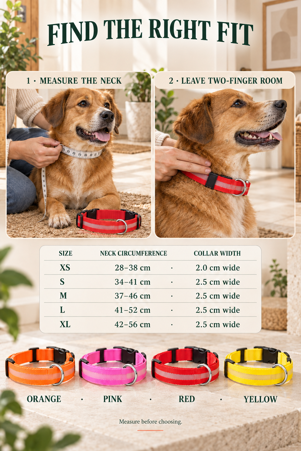 LED dog collar fit guide with neck measurements for XS through XL and Orange, Pink, Red, and Yellow color options.
