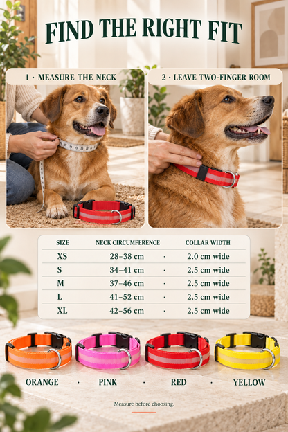 LED dog collar fit guide with neck measurements for XS through XL and Orange, Pink, Red, and Yellow color options.