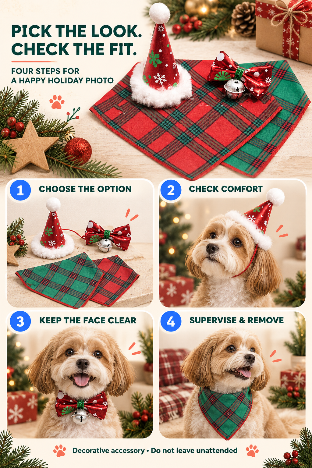 Four-step Christmas pet dress-up guide covering option choice, comfortable fit, clear face, and supervised wear.