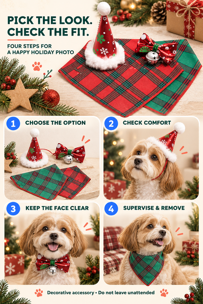 Four-step Christmas pet dress-up guide covering option choice, comfortable fit, clear face, and supervised wear.