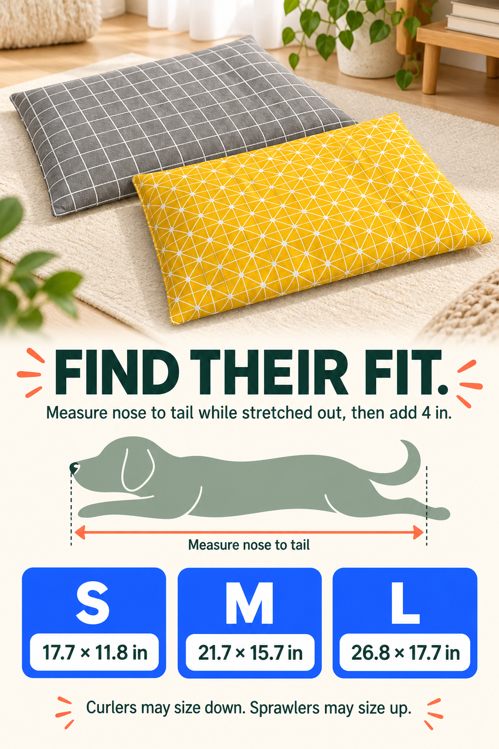 Plush Winter Pet Bed Mat size guide with nose-to-tail measurement and Small, Medium, and Large dimensions.